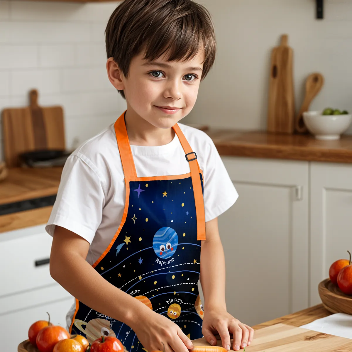 Solar System Apron with Front Pocket, 2Pcs Kid Apron and Chef Hat, Chef Aprons for Kids Toddlers Cooking Baking Gardening Grilling BBQ