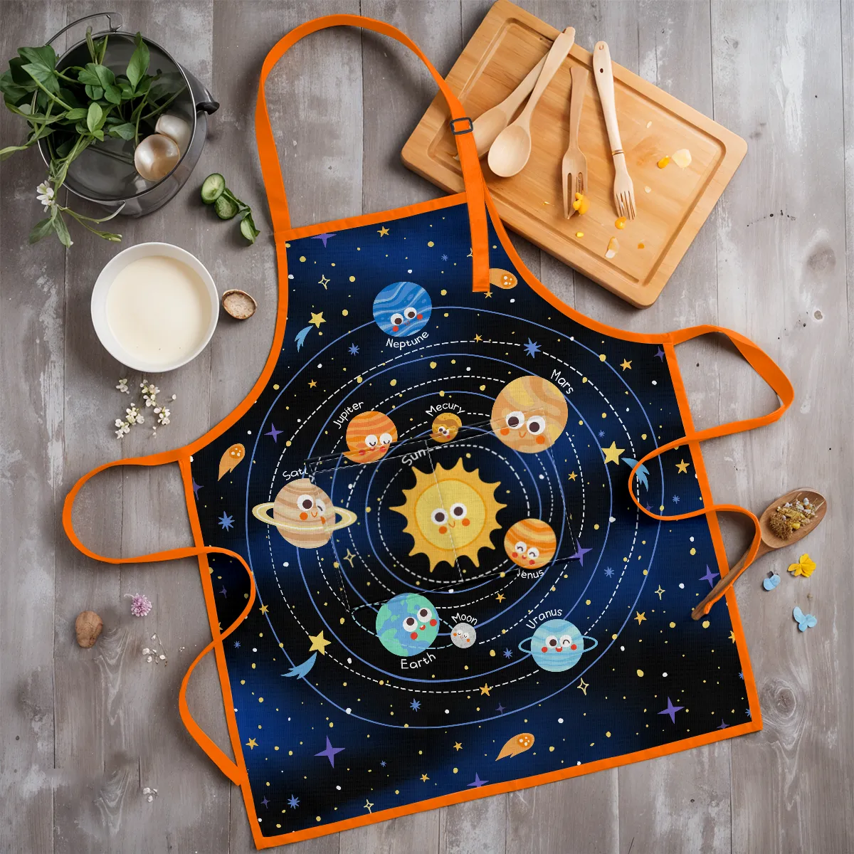 Solar System Apron with Front Pocket, 2Pcs Kid Apron and Chef Hat, Chef Aprons for Kids Toddlers Cooking Baking Gardening Grilling BBQ