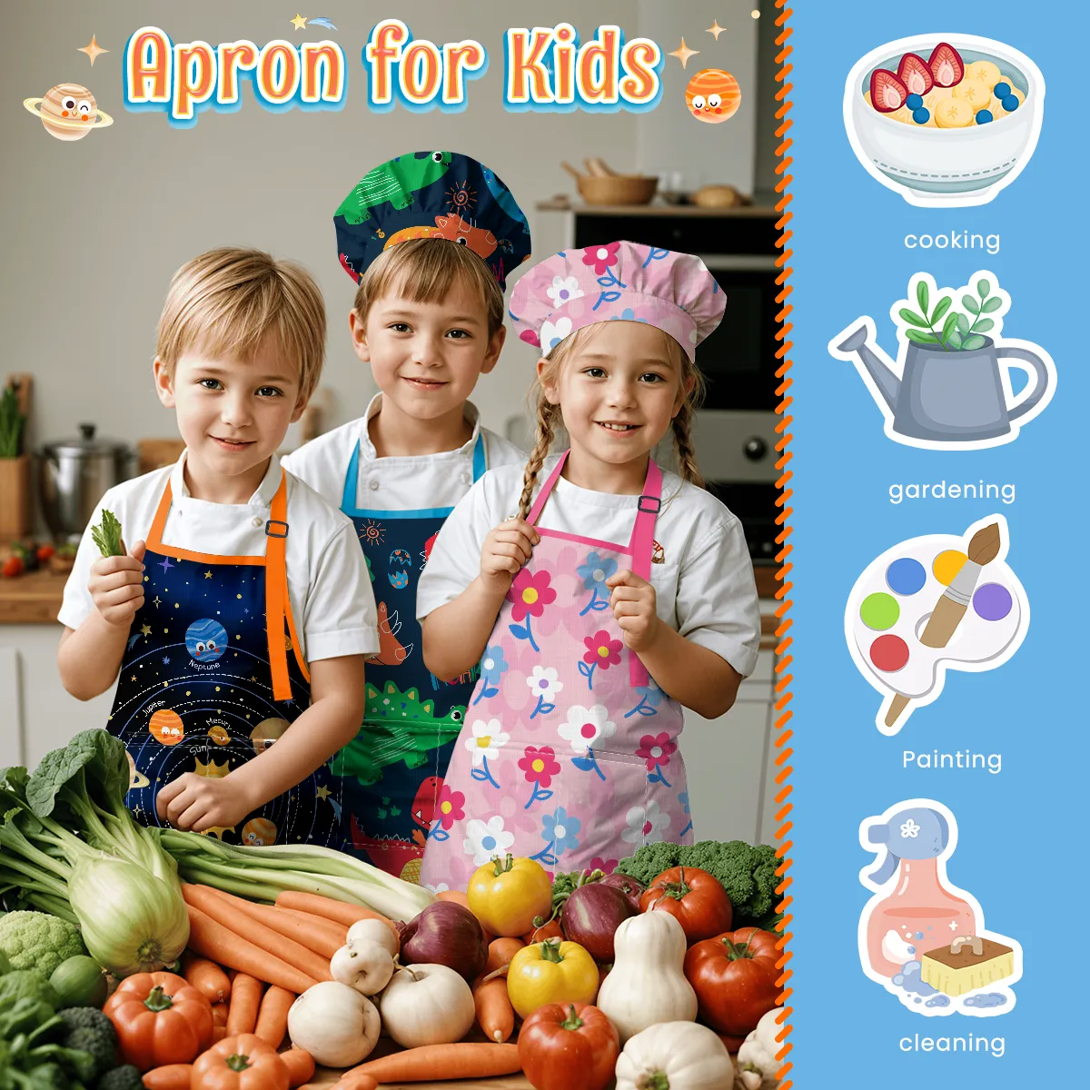 Solar System Apron with Front Pocket, 2Pcs Kid Apron and Chef Hat, Chef Aprons for Kids Toddlers Cooking Baking Gardening Grilling BBQ