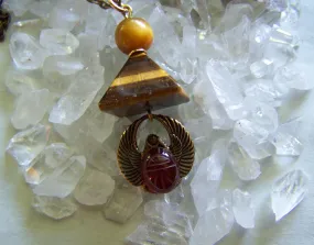 Tiger's Eye Pyramid Carnelian Scarab Egyptian Pendant