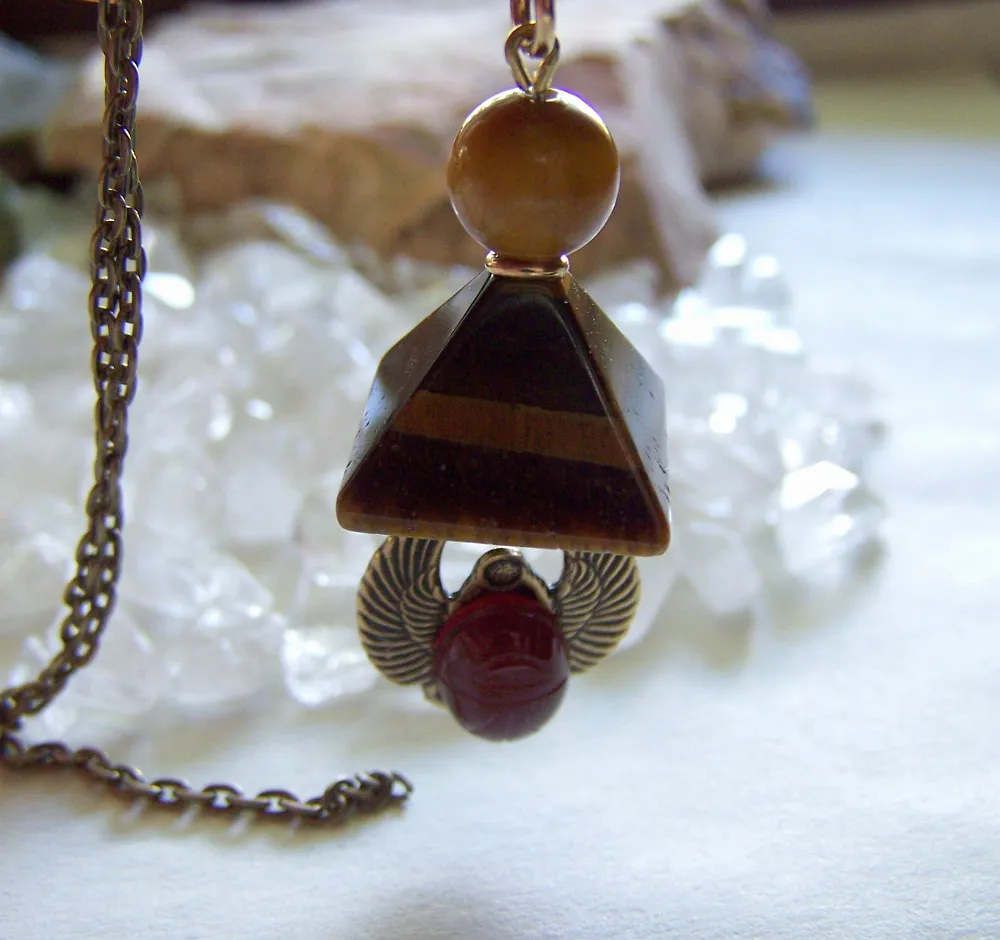 Tiger's Eye Pyramid Carnelian Scarab Egyptian Pendant
