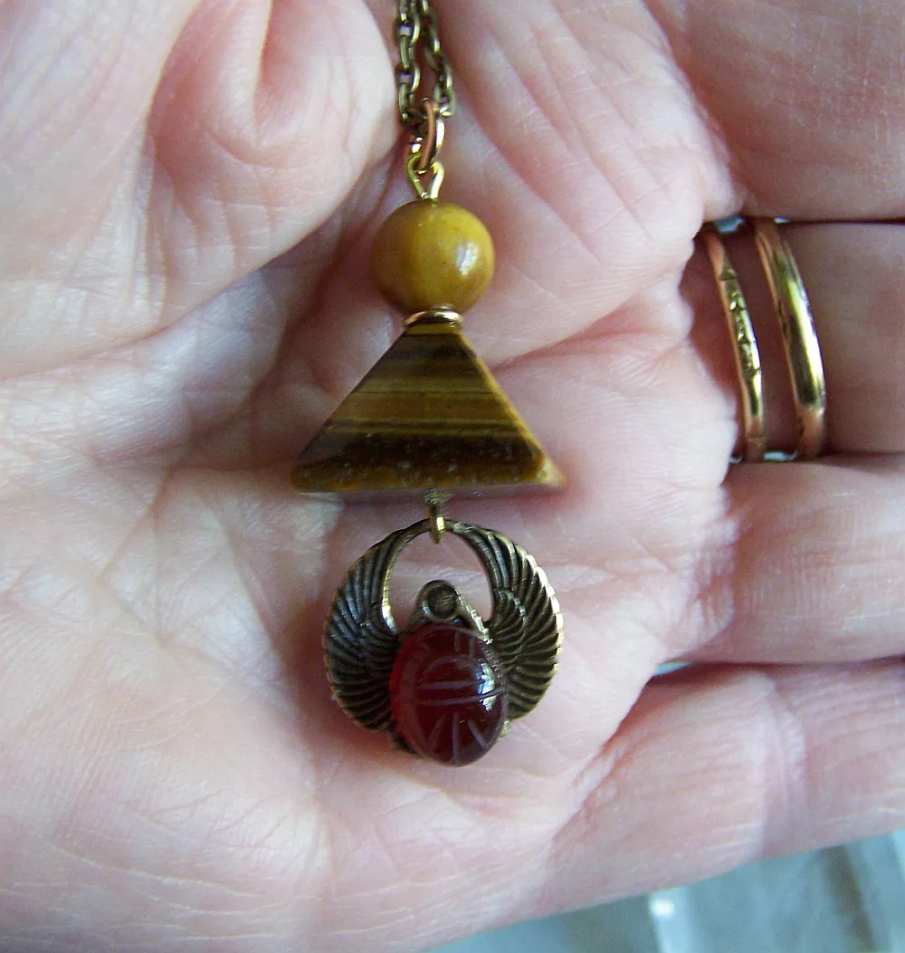 Tiger's Eye Pyramid Carnelian Scarab Egyptian Pendant