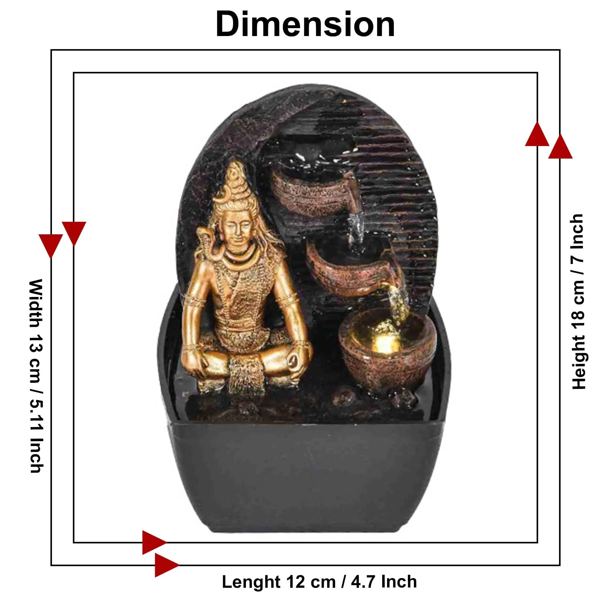 VIVARS Polyresin Lord Shiva Water Fountain with LED Light - Ideal for Home, Office, Bedroom, and Gifting