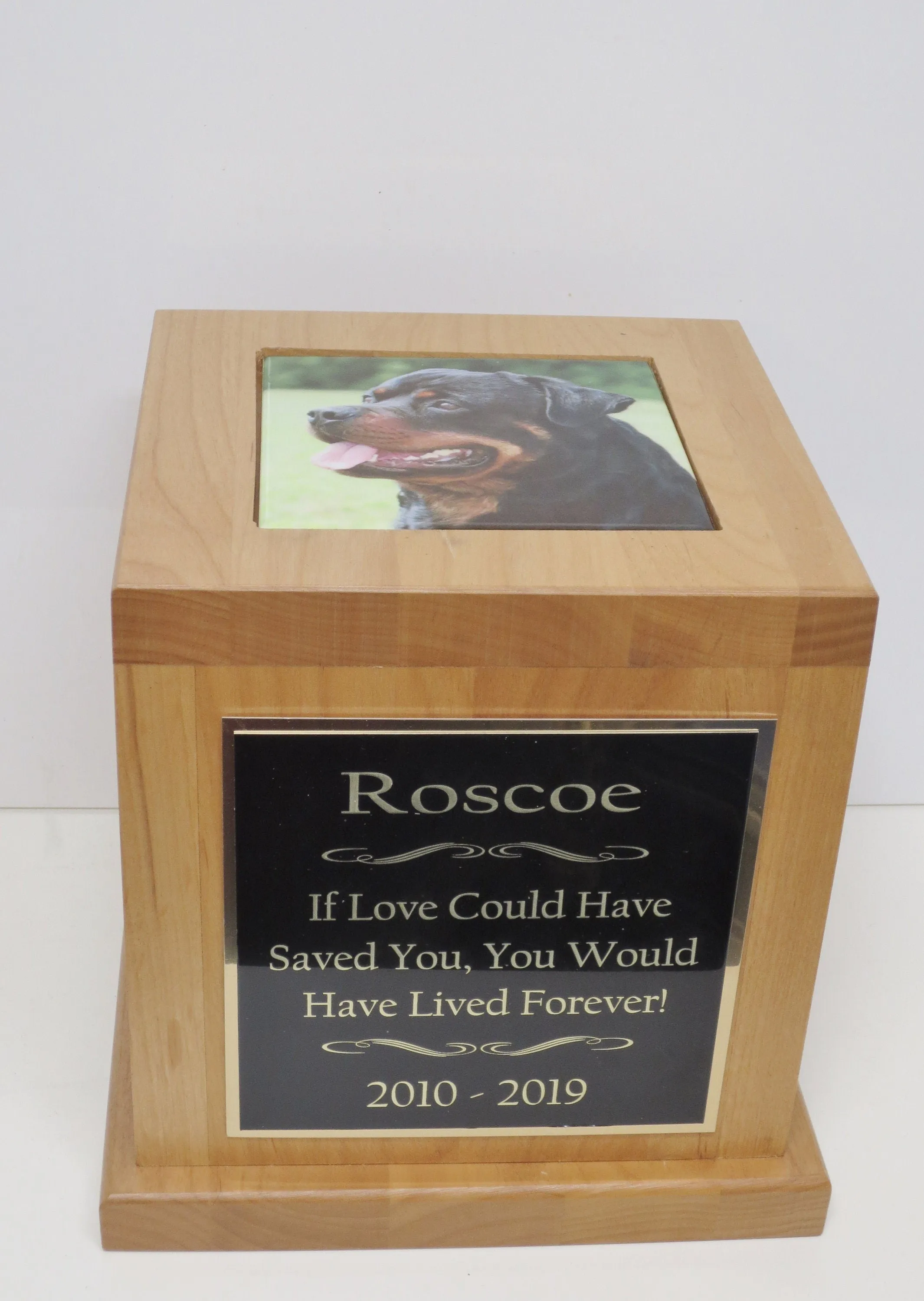 XL Dog Urn Pet Urn Memorial Keepsake Cremation Urn Great Dane Custom Photo Tile & Personalized Tag Red Alder Wood XL Extra Large 150 lb