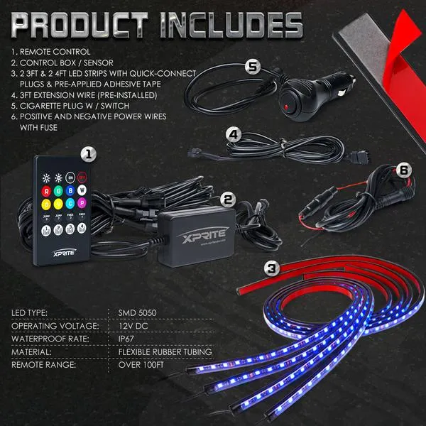 Xprite LED RGB Underbody Glow Kit 8 Color Throwback Series with IR Remote Control - UGL-62709-G2