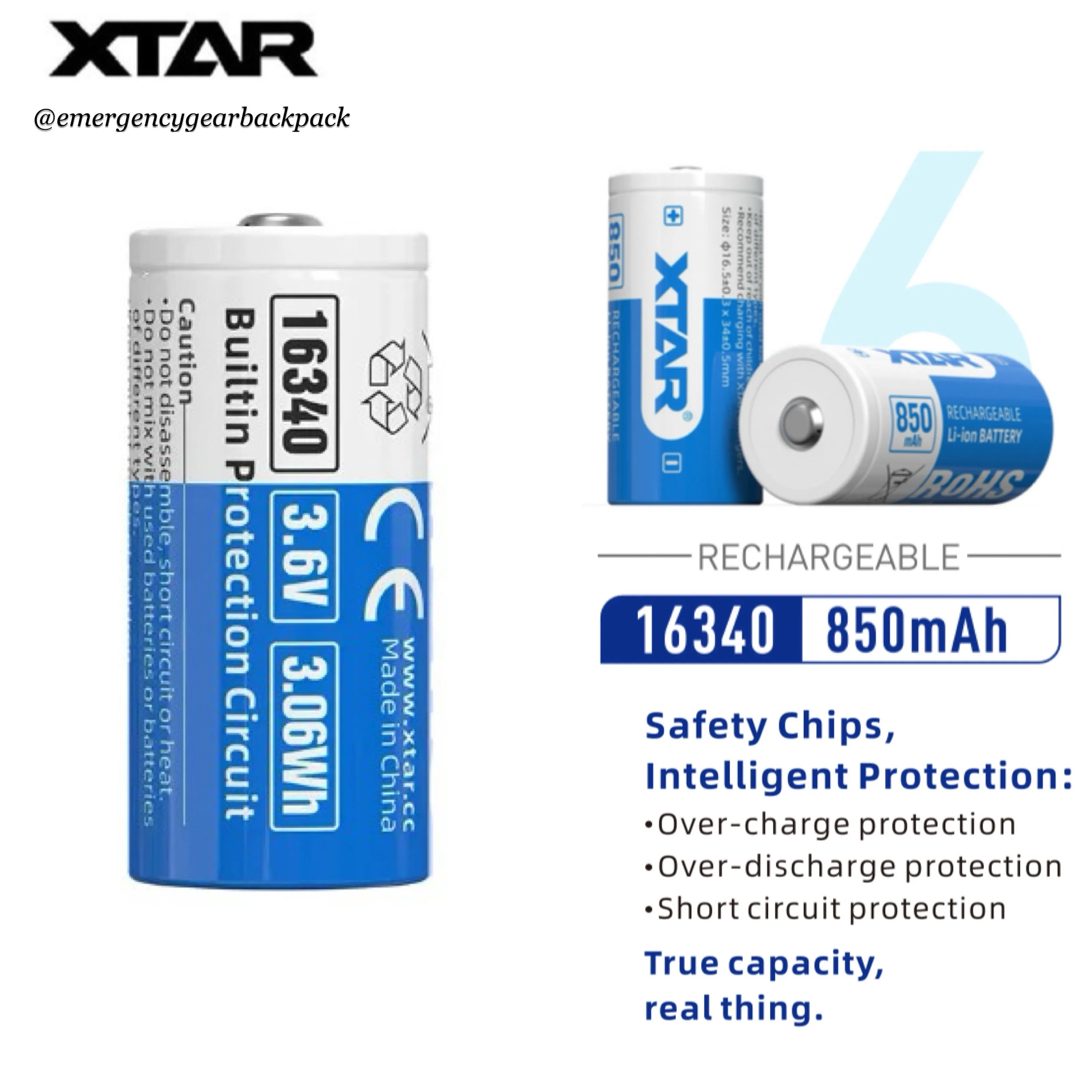 XTAR 16340 850mAh 3.6V 2.5A Li-ion Rechargeable Battery