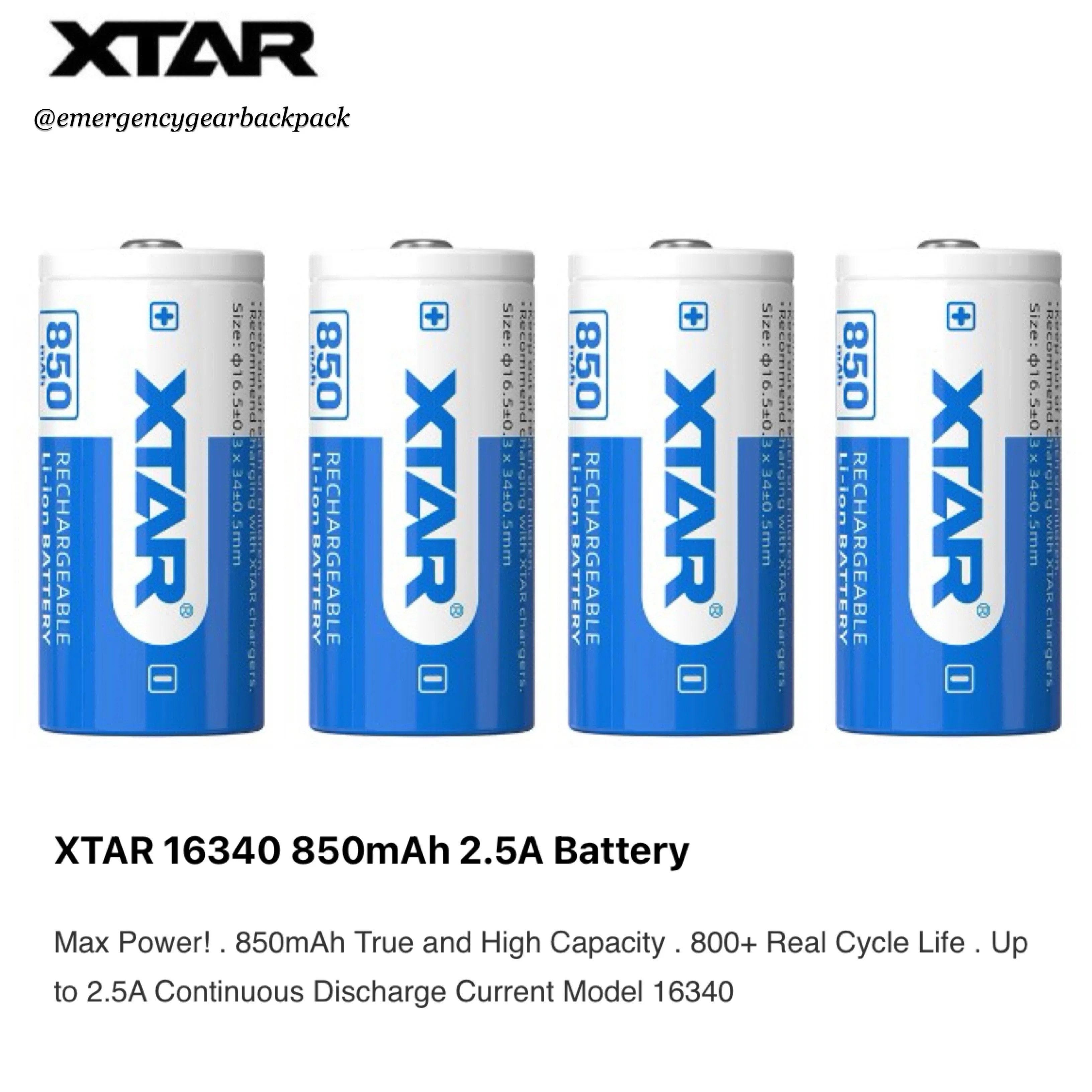 XTAR 16340 850mAh 3.6V 2.5A Li-ion Rechargeable Battery